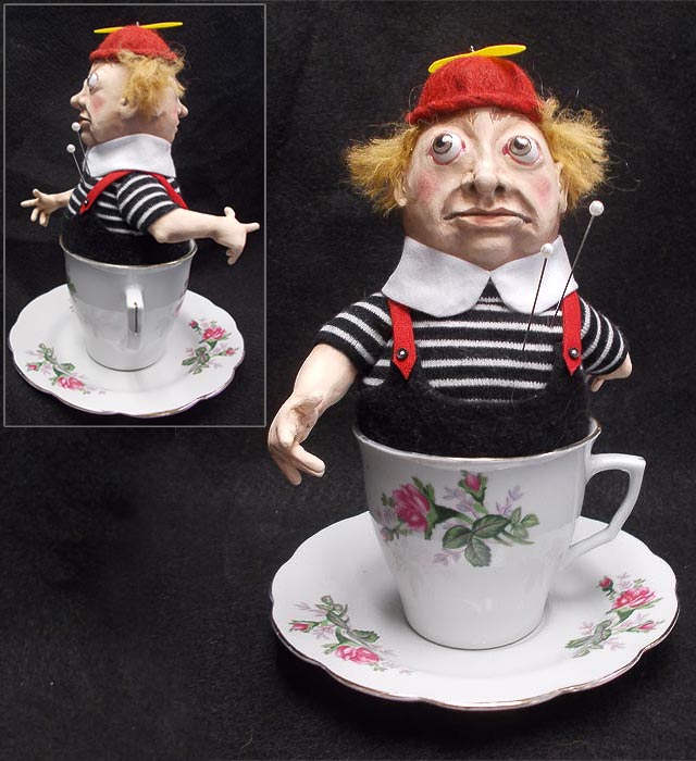 Tweedle Dee and Tweedle Dum Pin Cushion Doll in Teacup
