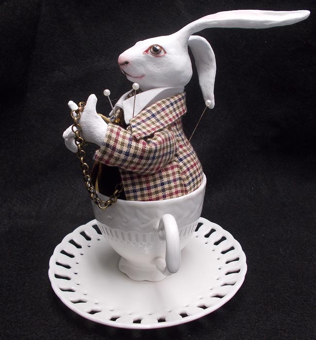 White Rabbit Pin Cushion Doll in Teacup